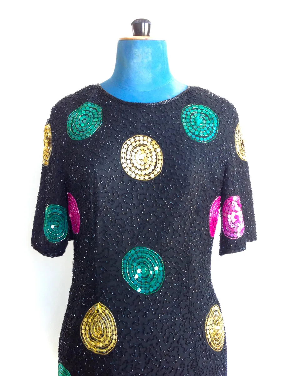 Black Beaded Dress Sequins Pink Green