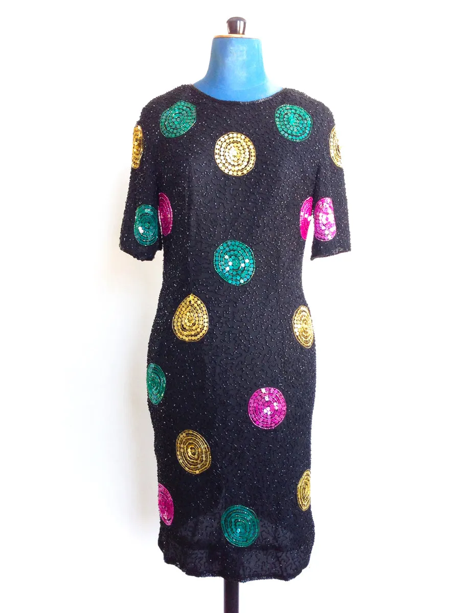 Black Beaded Dress Sequins Pink Green