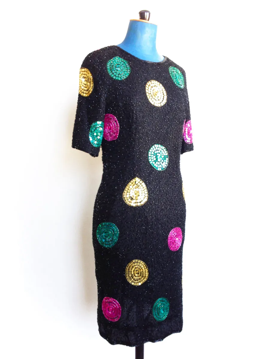 Black Beaded Dress Sequins Pink Green