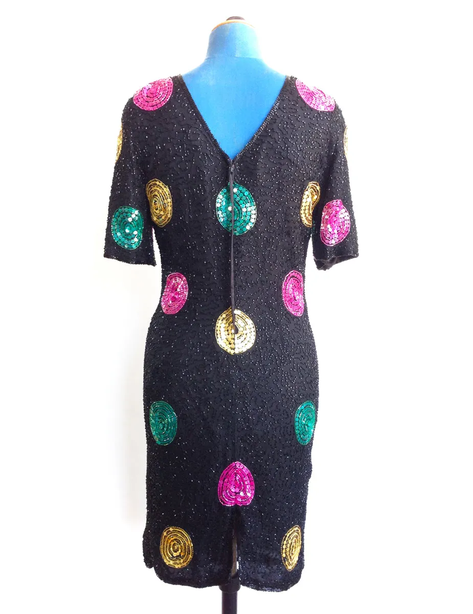 Black Beaded Dress Sequins Pink Green
