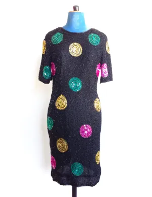 Black Beaded Dress Sequins Pink Green