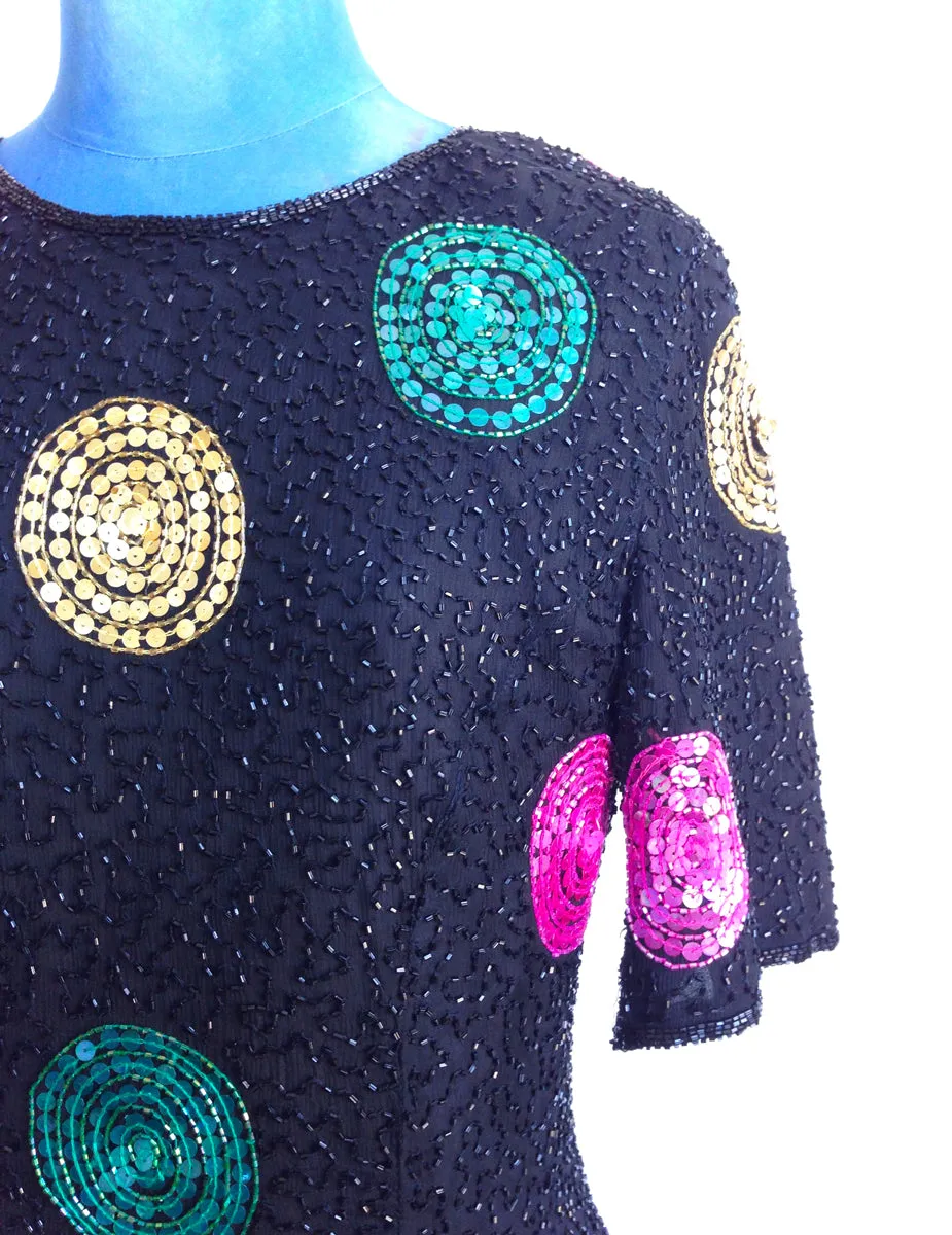 Black Beaded Dress Sequins Pink Green