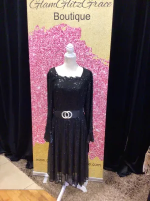 Black Bell Sleeves Sequin Cocktail Align Dress