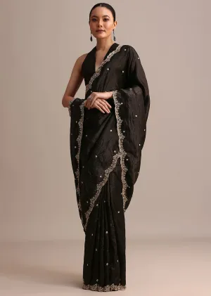 Black Crushed Tissue Saree With Sequin And Cutdana Embroidered Border