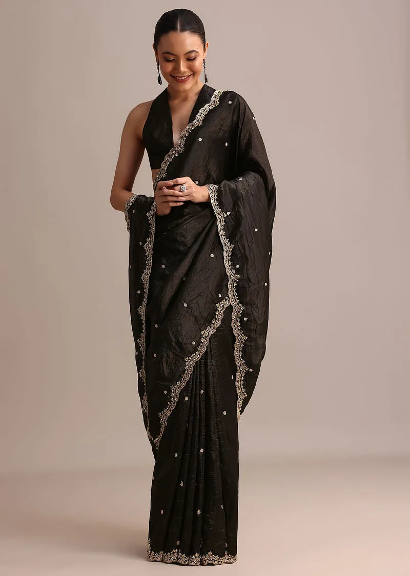 Black Crushed Tissue Saree With Sequin And Cutdana Embroidered Border