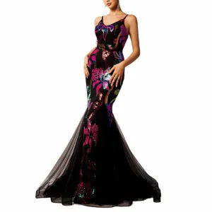 Black Floral Sequin Spaghetti Strap Prom Dress Mermaid Ball Gown Bridesmaid Dress