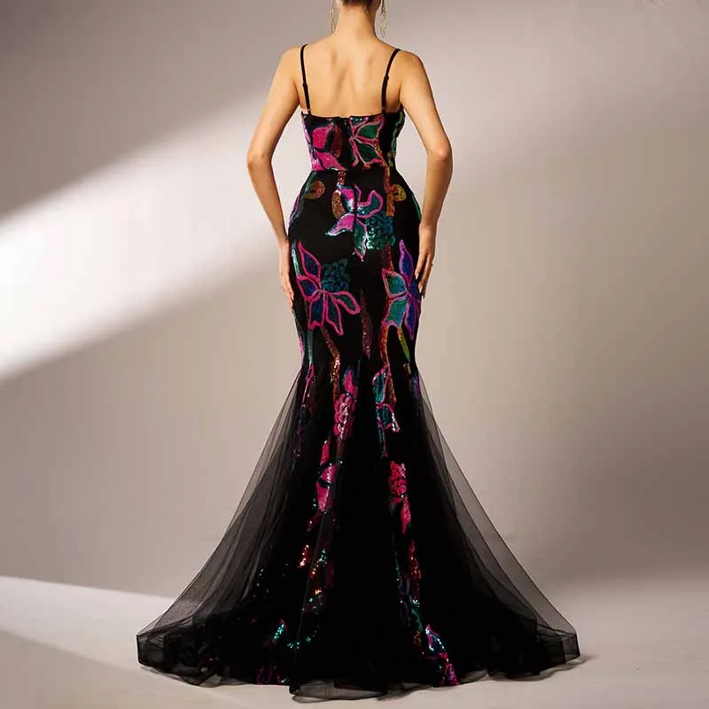 Black Floral Sequin Spaghetti Strap Prom Dress Mermaid Ball Gown Bridesmaid Dress