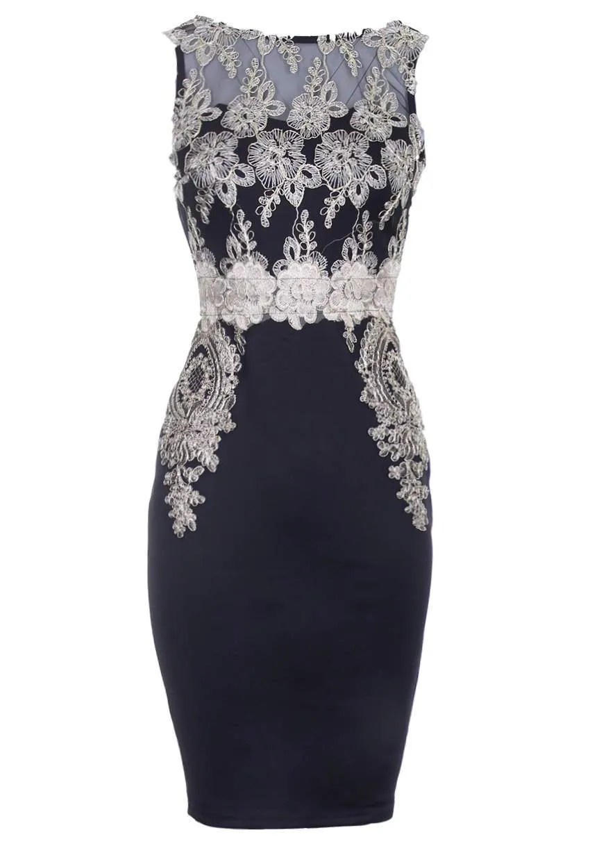Black Gold Lace Midi Dress