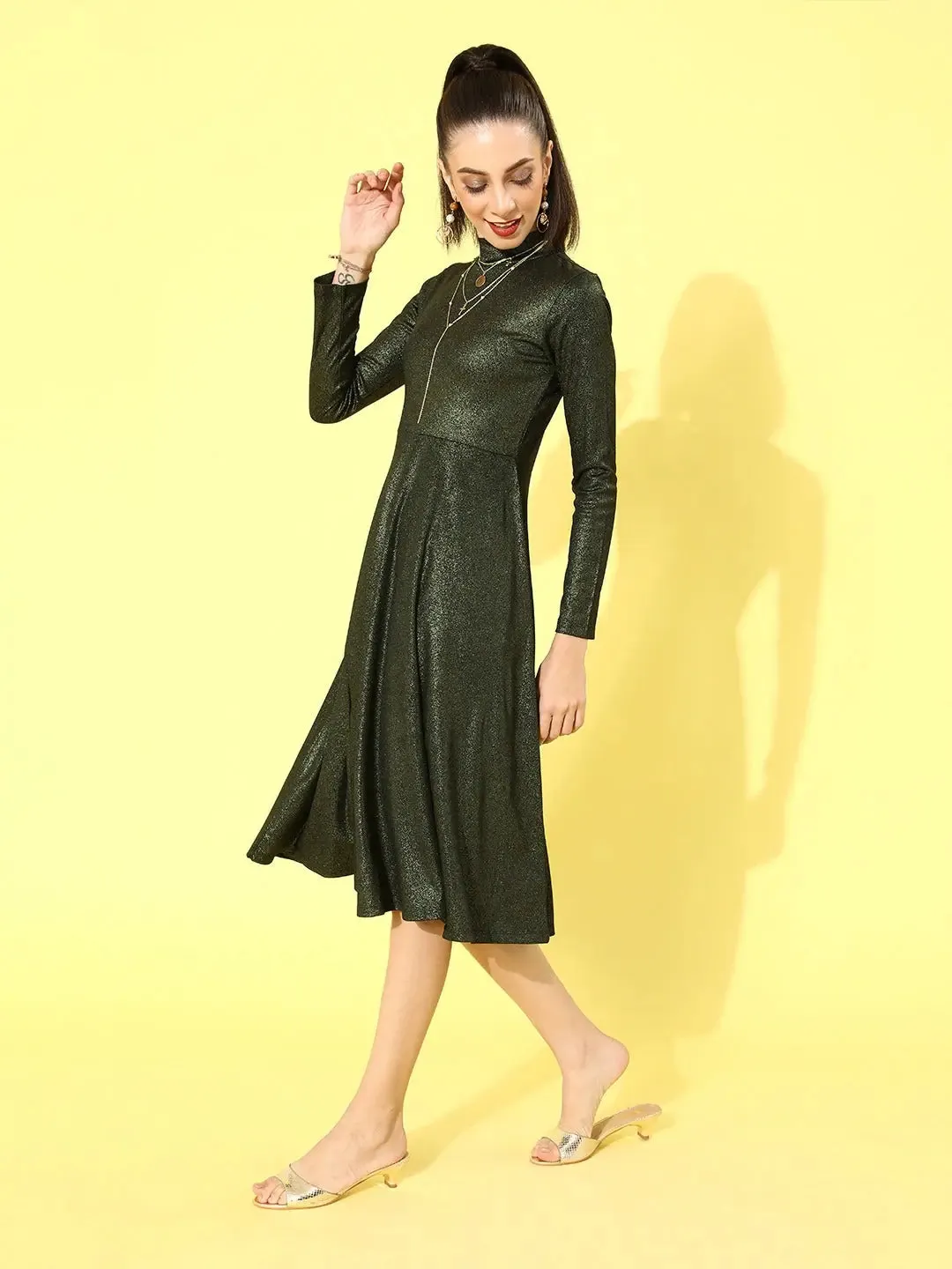 Black Metallic High Neck Flared Midi Dress