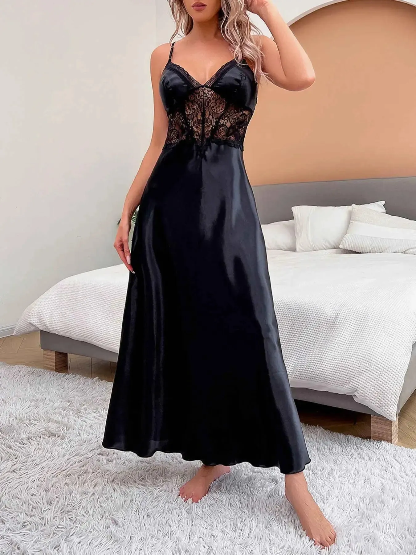 Black Satin Long Lace Splicing Sexy Dress Hot Women's Nightgowns