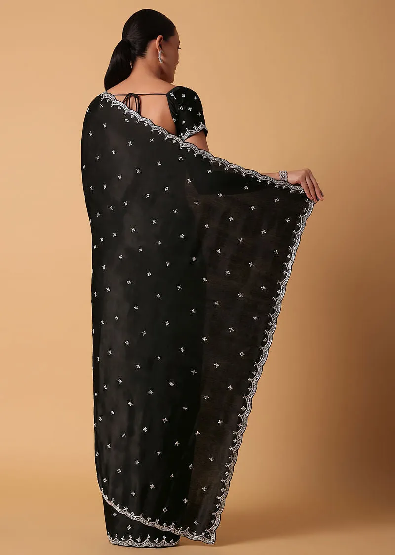 Black Satin Saree With Stone Embellishments