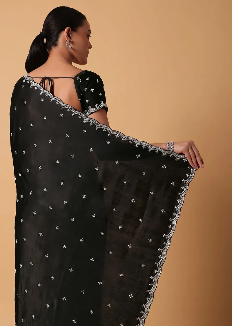 Black Satin Saree With Stone Embellishments