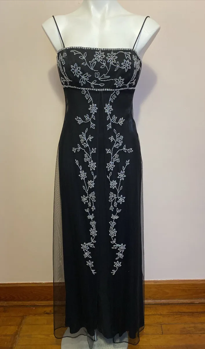 Black Spaghetti Straps A-Line Beading Vintage Long Evening Party Dress, D777