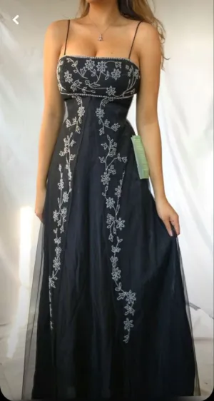 Black Spaghetti Straps A-Line Beading Vintage Long Evening Party Dress, D777