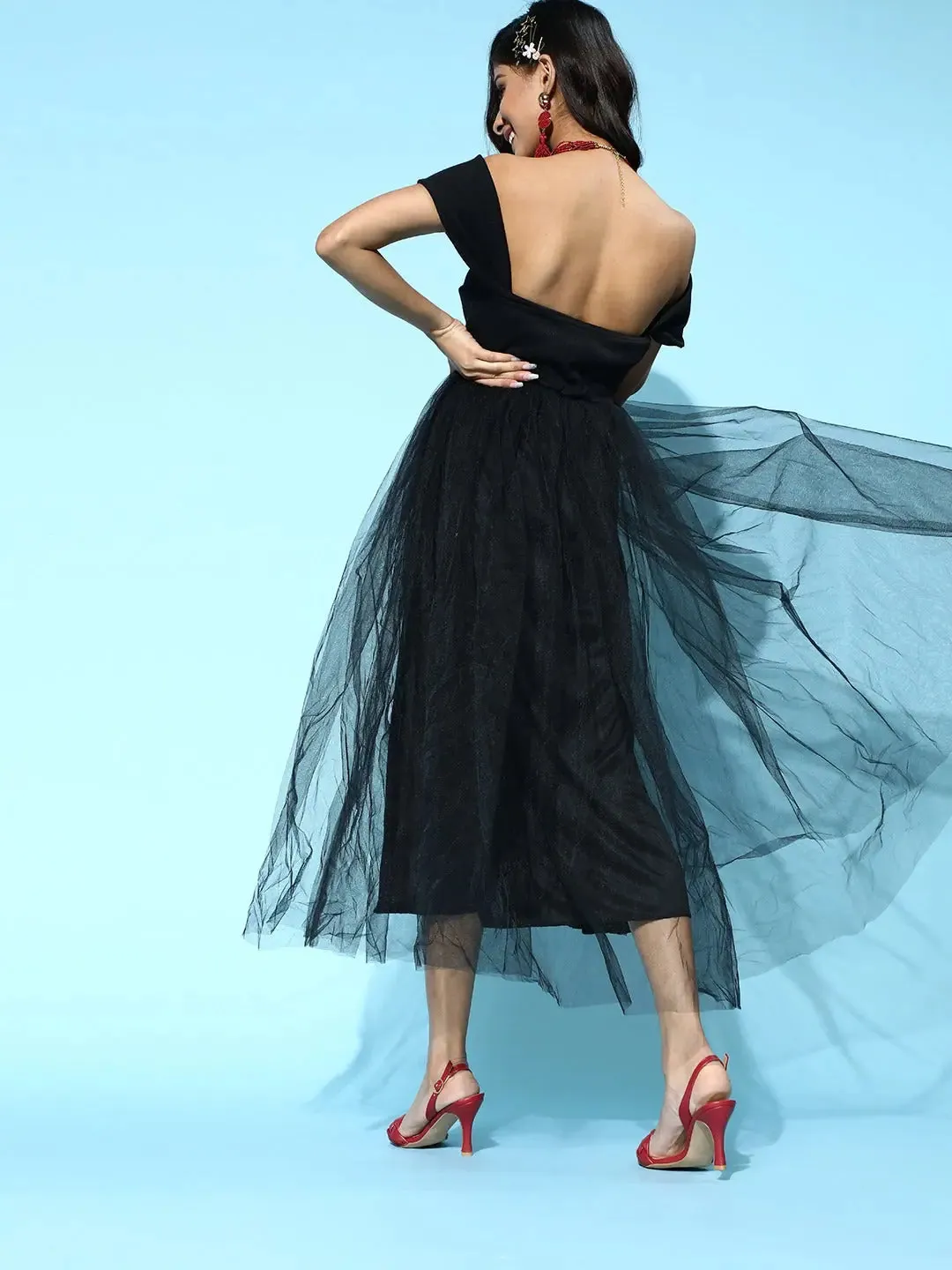 Black Tulle Bardot Midi Dress