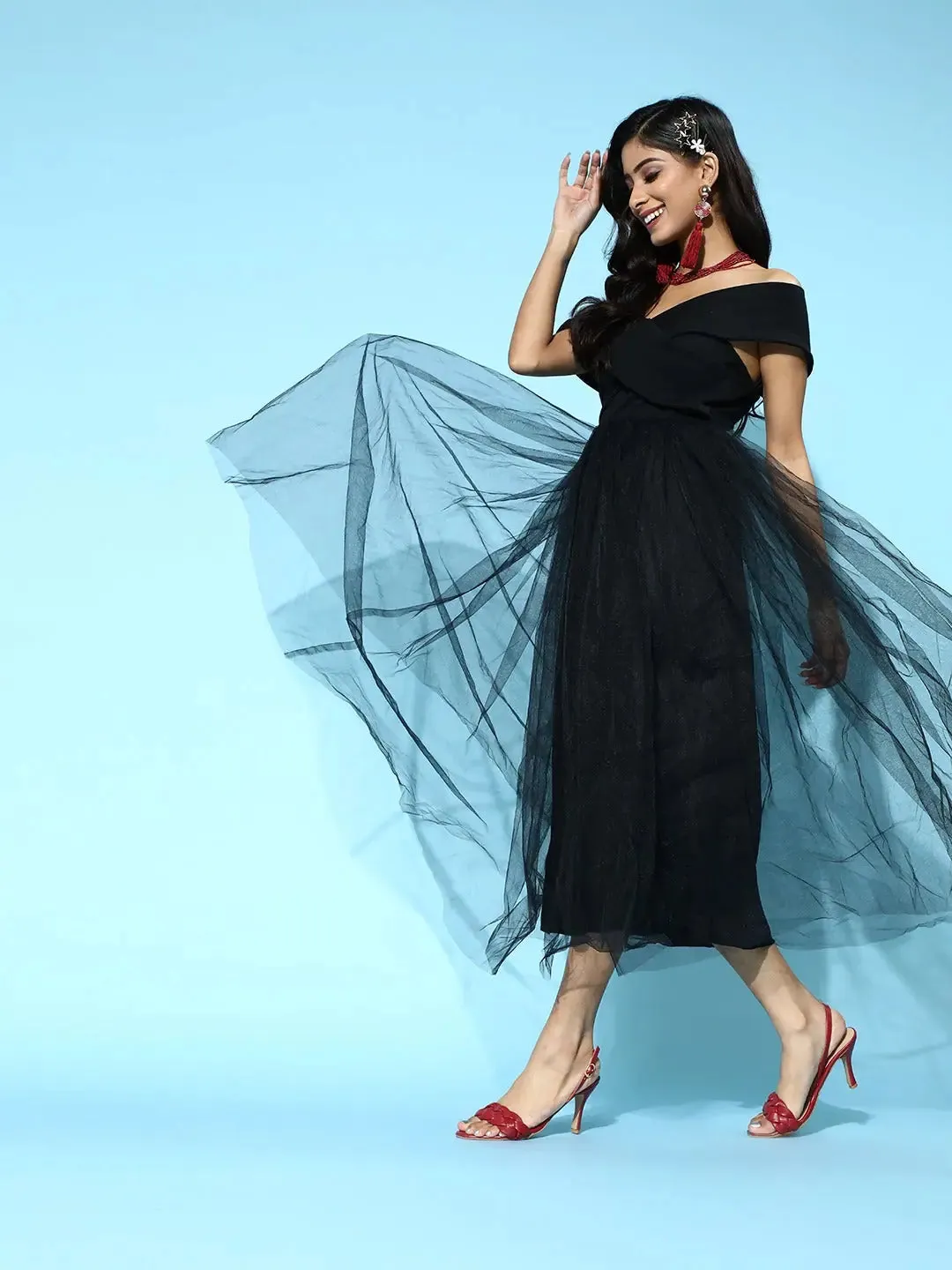 Black Tulle Bardot Midi Dress