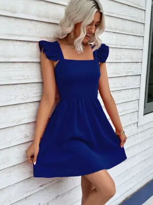 Blue Fit And Flare Dress With Ruffle