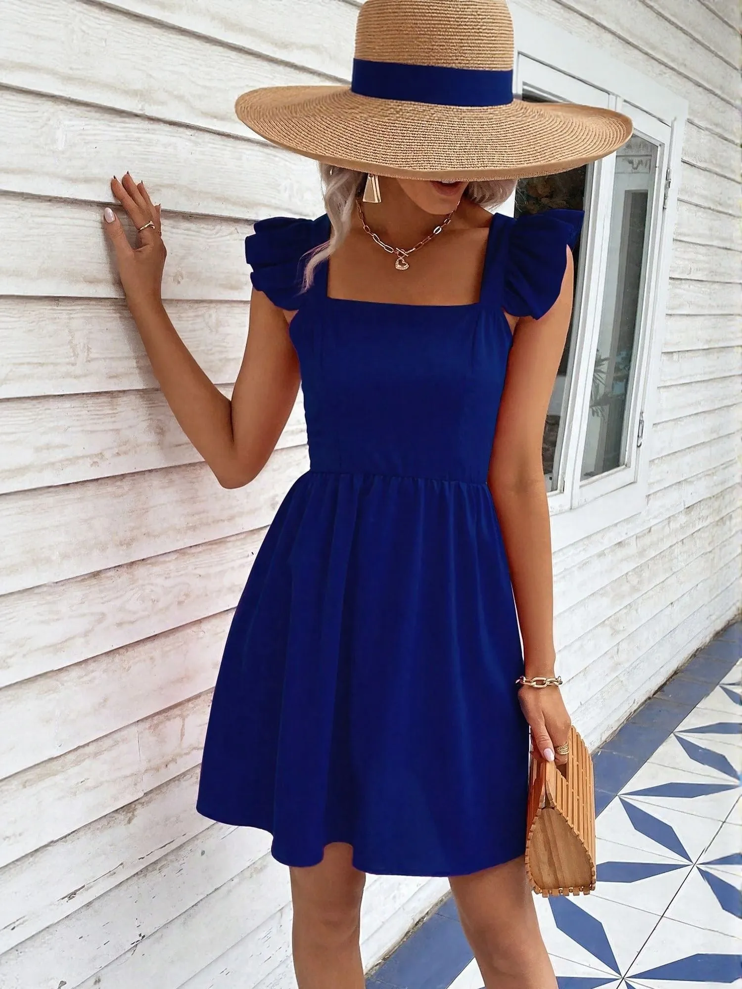 Blue Fit And Flare Dress With Ruffle