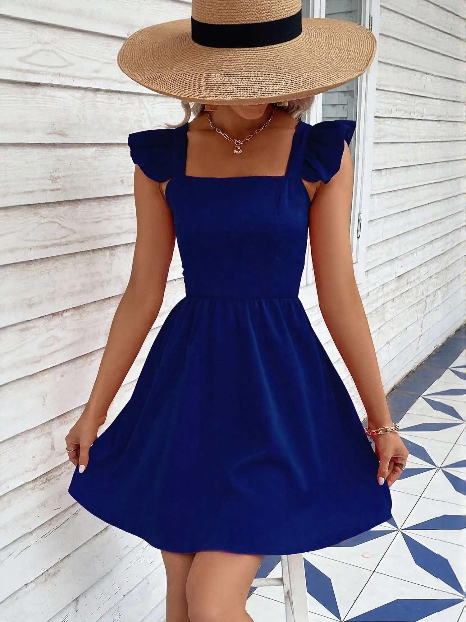 Blue Fit And Flare Dress With Ruffle