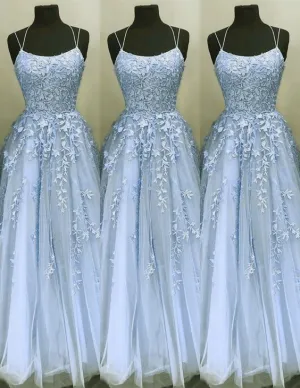 blue prom dresses long spaghetti strap lace applique elegant simple prom gown vestido de longo