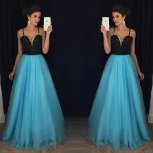 blue prom dresses spaghetti straps elegant beaded a line tulle prom gowns vestido de longo