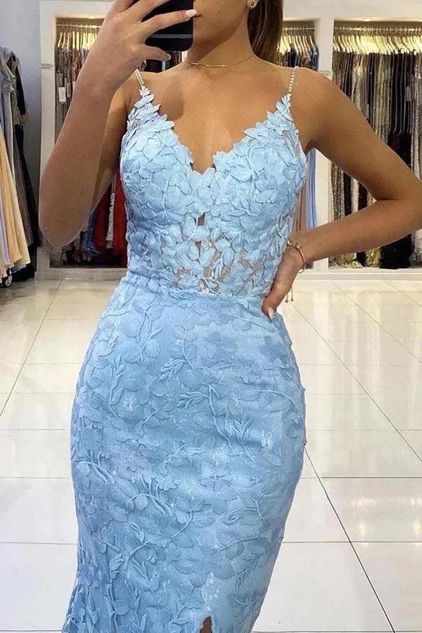 Blue Tulle Mermaid V-neck Backless Long Prom Dress With Lace Appliques, MP843