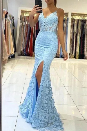 Blue Tulle Mermaid V-neck Backless Long Prom Dress With Lace Appliques, MP843