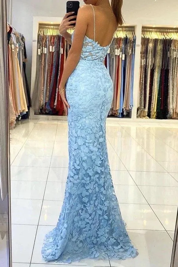 Blue Tulle Mermaid V-neck Backless Long Prom Dress With Lace Appliques, MP843