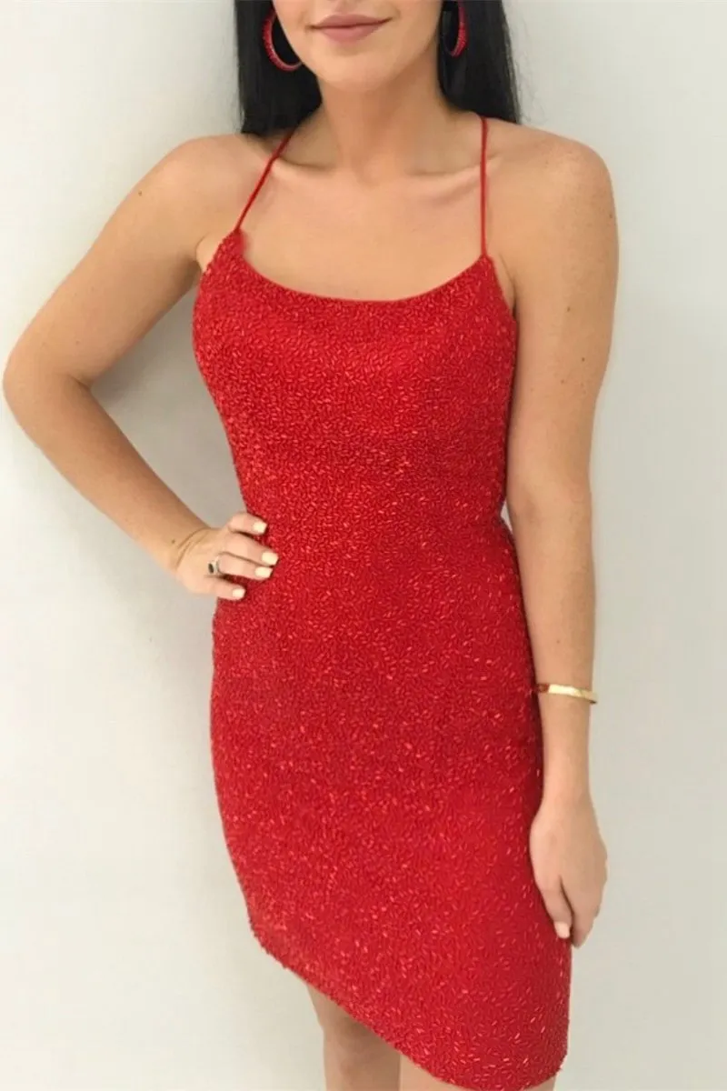 Bodycon Scoop Neck Beaded Satin Homecoming Dresses
