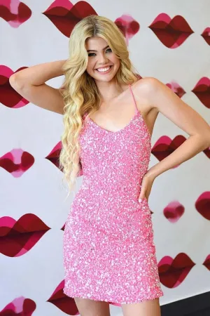 Bodycon Spaghetti Straps Sequins Short Homecoming Dresses with Criss Cross Back