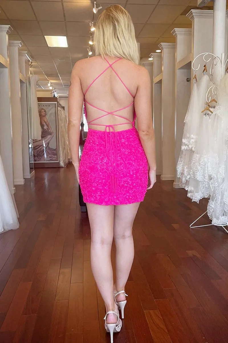 Bodycon Spaghetti Straps Sequins Short Homecoming Dresses with Criss Cross Back
