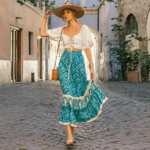 Bohemian Floral Print Summer Long Skirts High Waist Printed Ruffled Skirt Elegant
