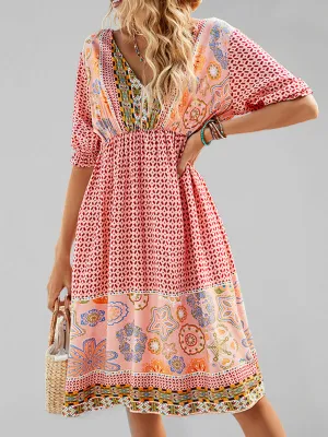 Boho Midi Dress with Floral Print and V-Neckline