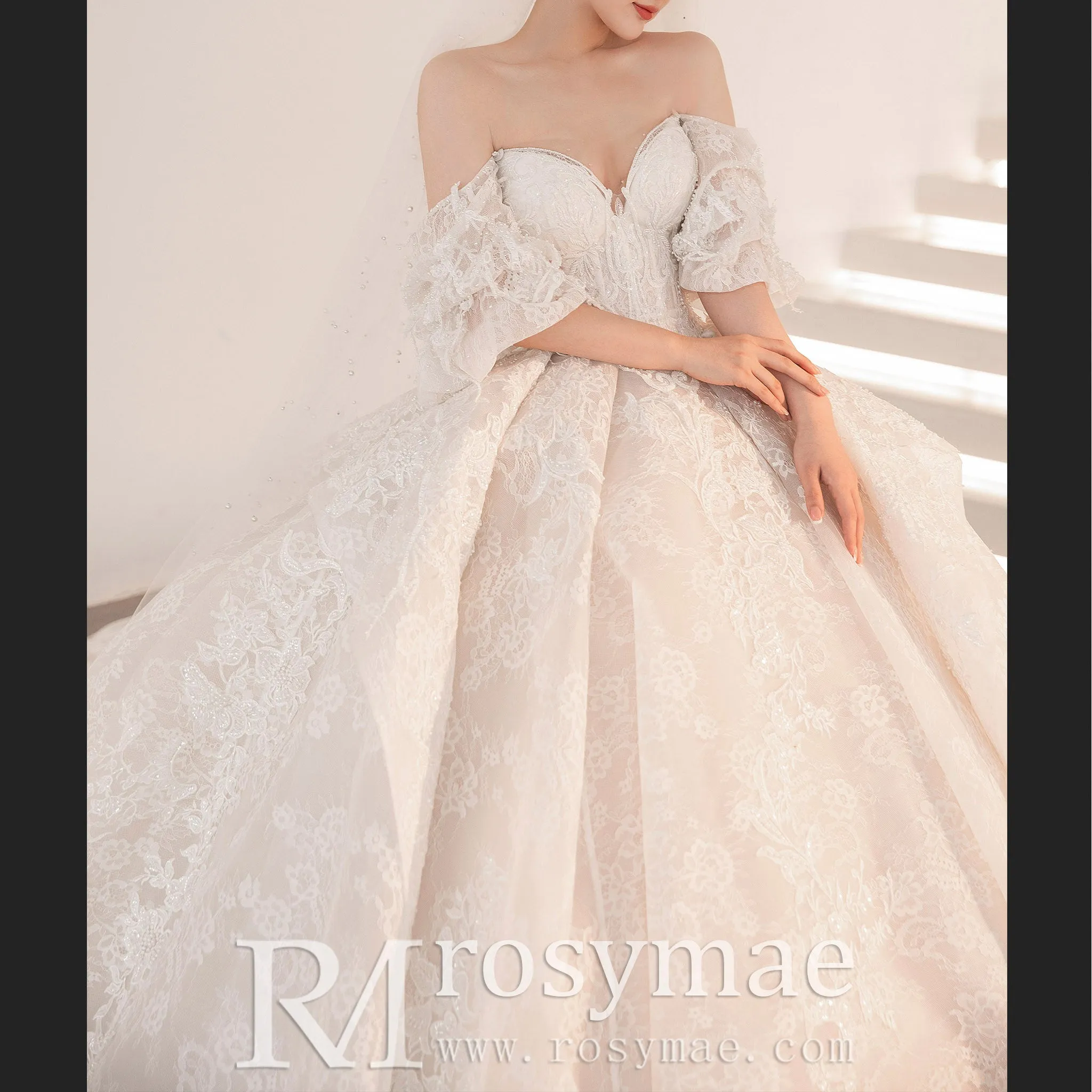 Boho Off Shoulder Lace Wedding Dress with Puffy and Big Train