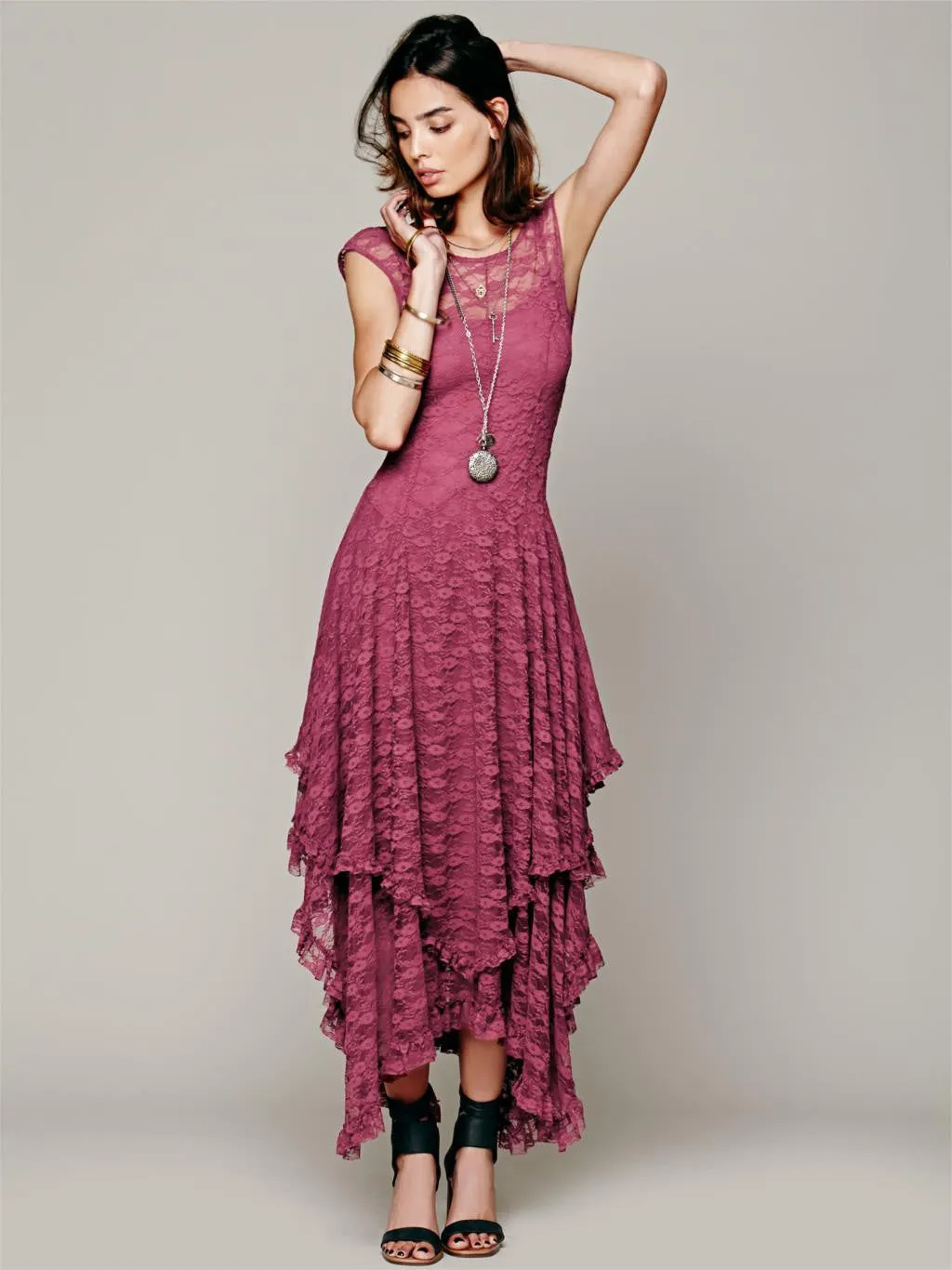 Boho People hippie Style Asymmetrical embroidery Sheer lace dresses double layered ruffled trimming low V-back (No lining)