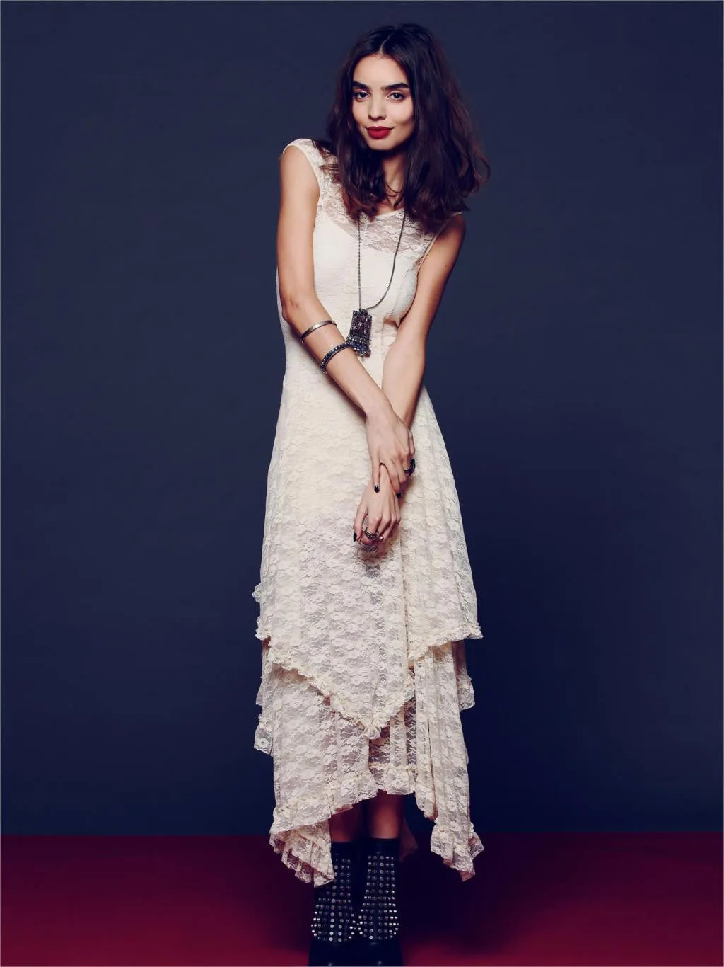 Boho People hippie Style Asymmetrical embroidery Sheer lace dresses double layered ruffled trimming low V-back (No lining)