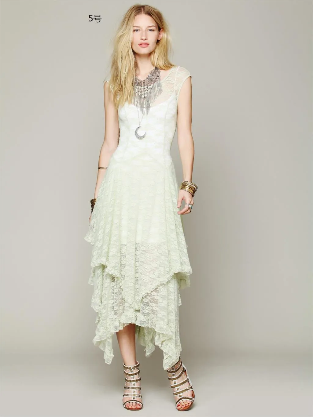Boho People hippie Style Asymmetrical embroidery Sheer lace dresses double layered ruffled trimming low V-back (No lining)
