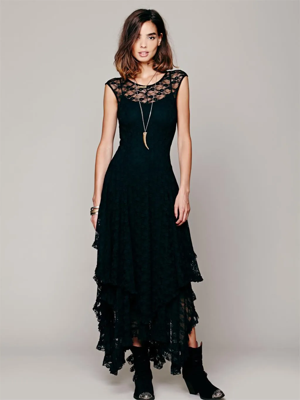Boho People hippie Style Asymmetrical embroidery Sheer lace dresses double layered ruffled trimming low V-back (No lining)