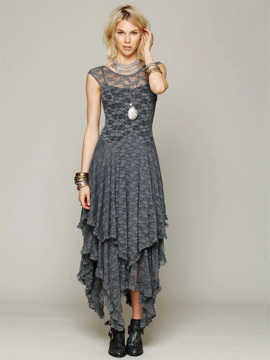 Boho People hippie Style Asymmetrical embroidery Sheer lace dresses double layered ruffled trimming low V-back (No lining)