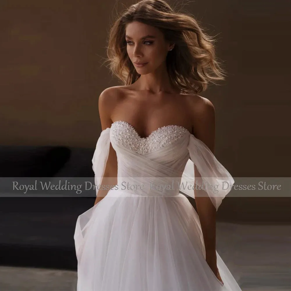 Boho Wedding Dresses White Tulle Pearl Beading Off-the-shoulder Wedding Gowns for Brides 2024 A Line Elegant Bride Gowns Long