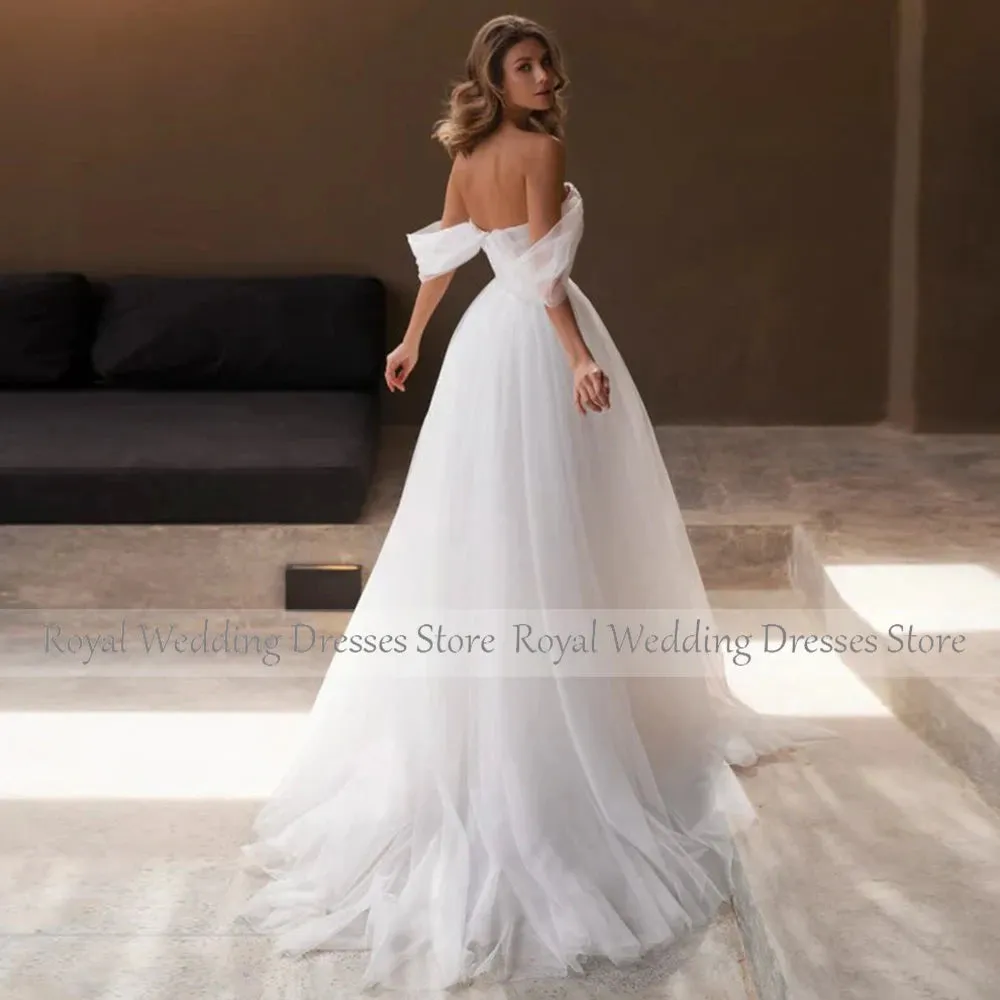 Boho Wedding Dresses White Tulle Pearl Beading Off-the-shoulder Wedding Gowns for Brides 2024 A Line Elegant Bride Gowns Long