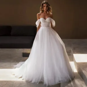 Boho Wedding Dresses White Tulle Pearl Beading Off-the-shoulder Wedding Gowns for Brides 2024 A Line Elegant Bride Gowns Long