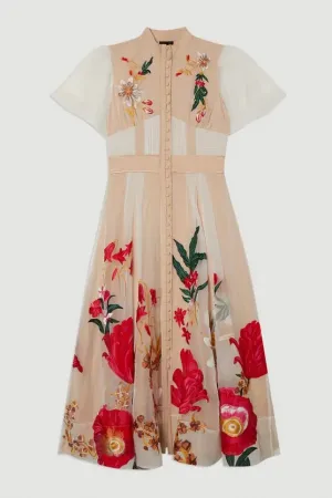 Botanical Embroidery Organdie Angel Sleeve Midi Dress