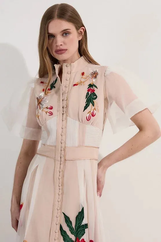 Botanical Embroidery Organdie Angel Sleeve Midi Dress