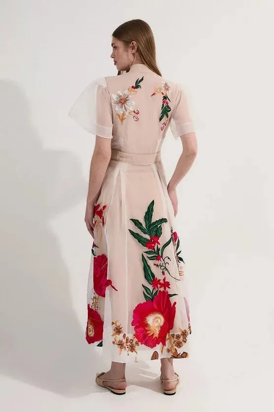 Botanical Embroidery Organdie Angel Sleeve Midi Dress
