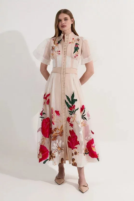 Botanical Embroidery Organdie Angel Sleeve Midi Dress