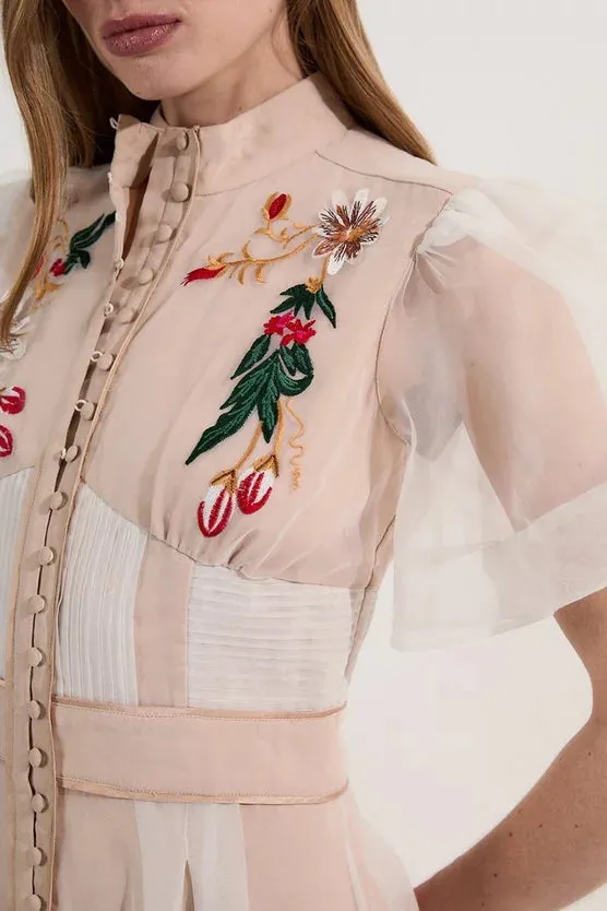 Botanical Embroidery Organdie Angel Sleeve Midi Dress