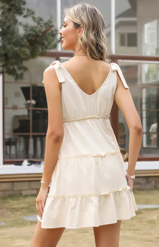 Bow Knot Strap Mini Dress with Tiered Skirt and V-Neckline