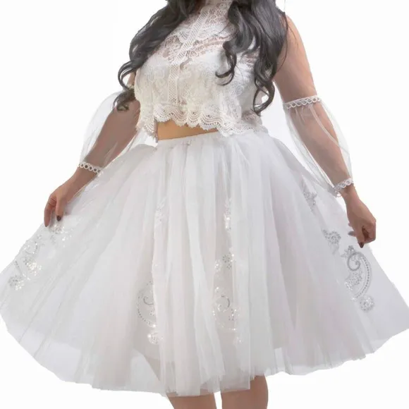 Bridal Tulle Skirt with Lace Appliques White Knee Length Womens One Size OS -08