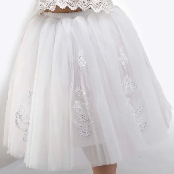 Bridal Tulle Skirt with Lace Appliques White Knee Length Womens One Size OS -08